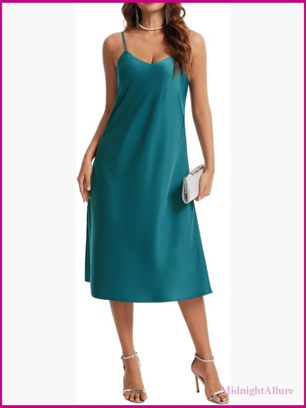 Satin Midi Slip Dress V-Neck Adjustable Spaghetti Strap Side Slits Cocktail
